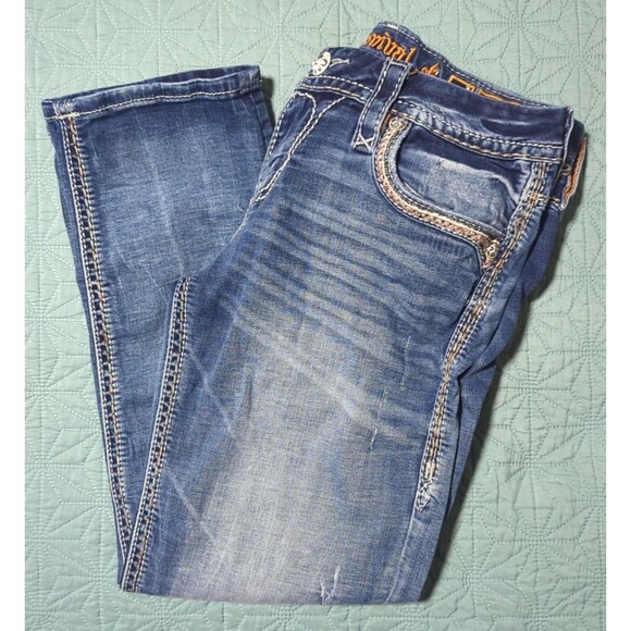 Rock Revival Denim - Rock Revival Felina Jeans Easy Crop Sz 28 Women’s Blue Distressed Embroidered